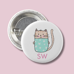 Cute Floral Cat Initials Monogram 3 Cm Round Badge