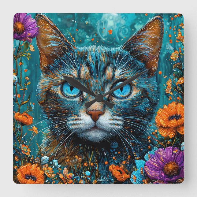 Cute Floral Cat Square Wall Clock (Front)