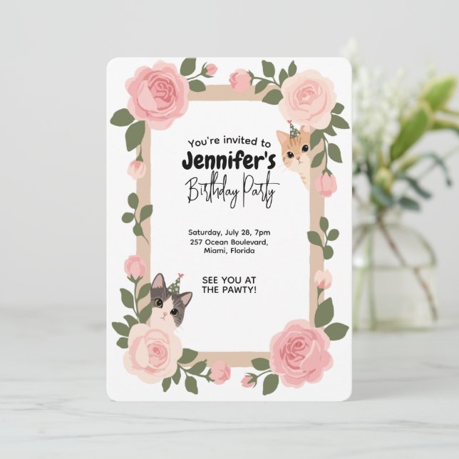 Cute floral cat-themed birthday invitation (Standing Front)