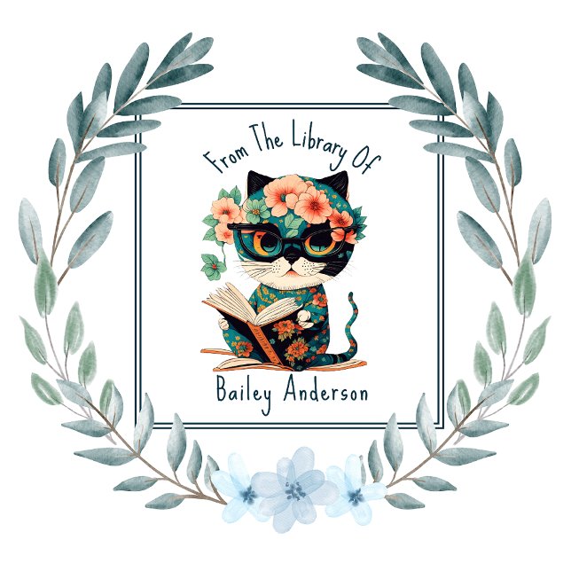Cute Floral Cat With Glasses and Book Bookplate Square Sticker (Creator Uploaded)