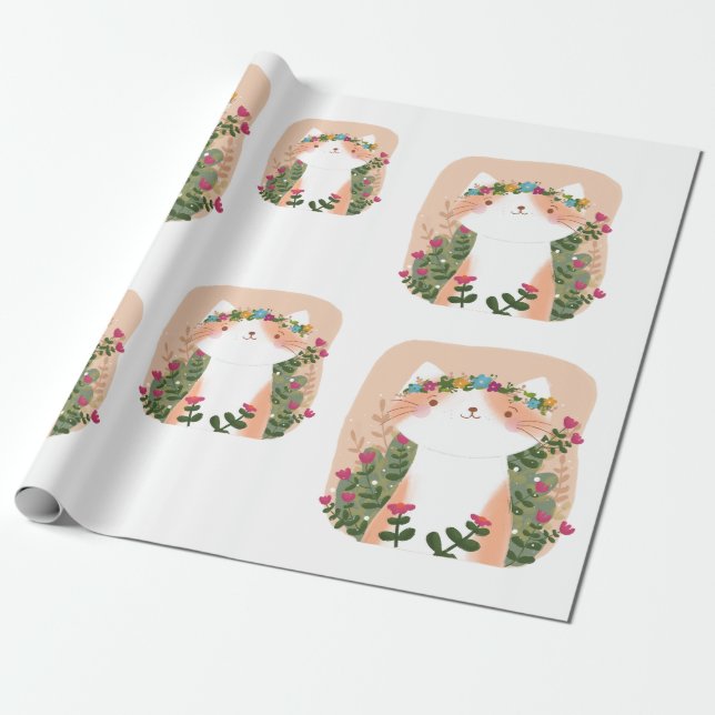 Cute Floral cat Wrapping Paper (Unrolled)