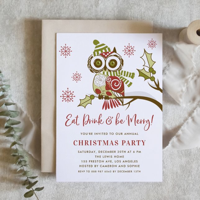 Cute Floral Christmas Owl Holiday Party Invitation (Creator Uploaded)