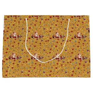 Cute Floral Christmas Unicorn Girl Gold Large Gift Bag