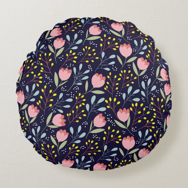 Cute Floral: Colourful Flowers Pattern. Round Cushion (Front)