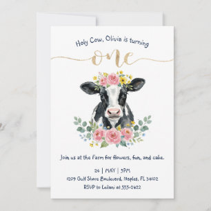 Cute Floral Cow First Birthday Design Invitation