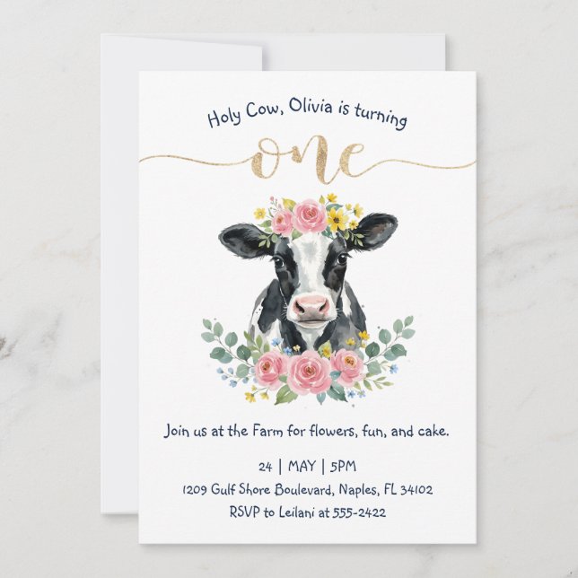 Cute Floral Cow First Birthday Design Invitation (Front)