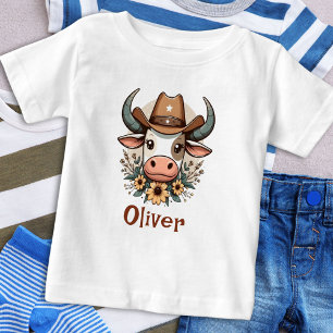 Cute Floral Cow Wearing Cowboy Hat Baby T-Shirt