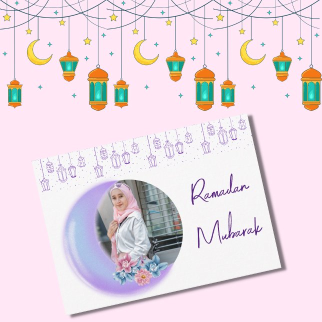 Cute Floral Crescent Islamic Ramadan Mubarak Photo Card (Creator Uploaded)
