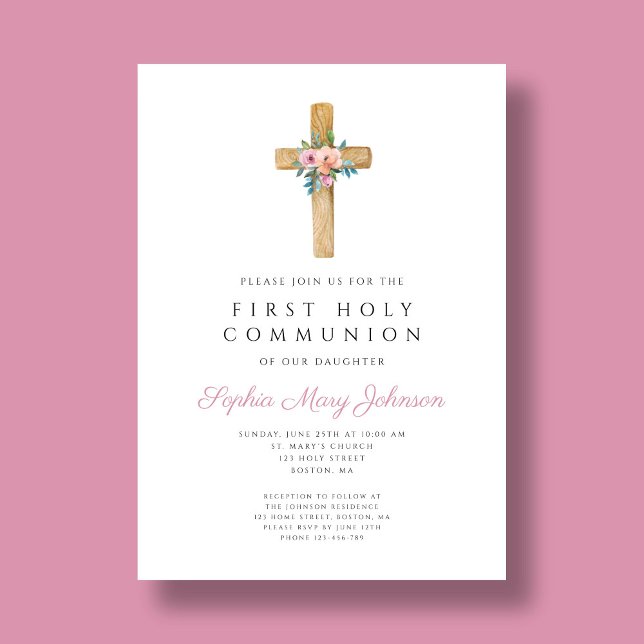 Cute Floral Cross Girl First Communion Invitation (Cute Floral Cross Girl First Communion Invitation)