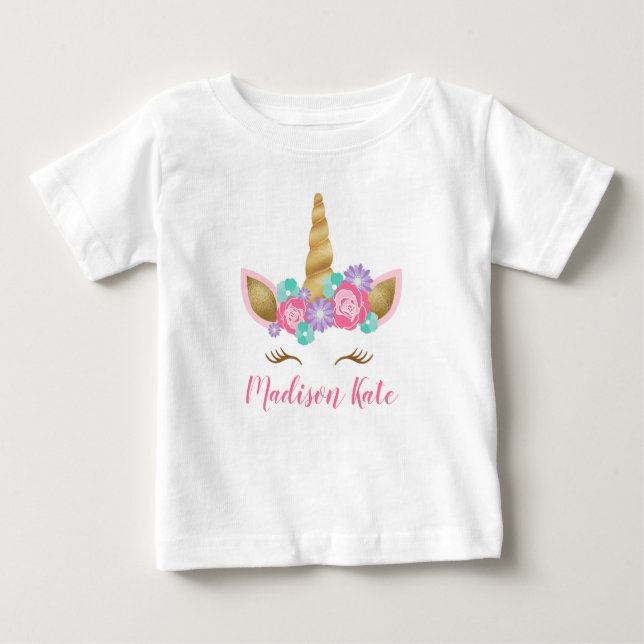 Cute Floral Crown Unicorn Face First Birthday Baby T-Shirt (Front)