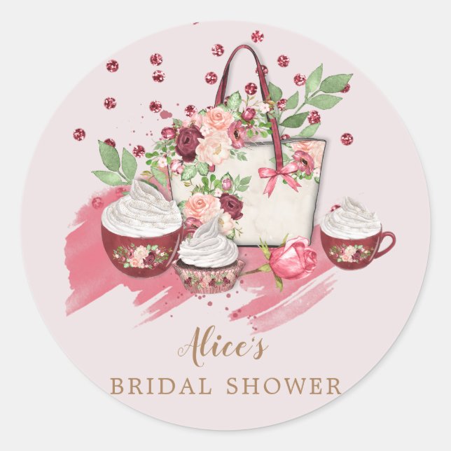 cute floral cupcake bridal shower pink monogram classic round sticker (Front)