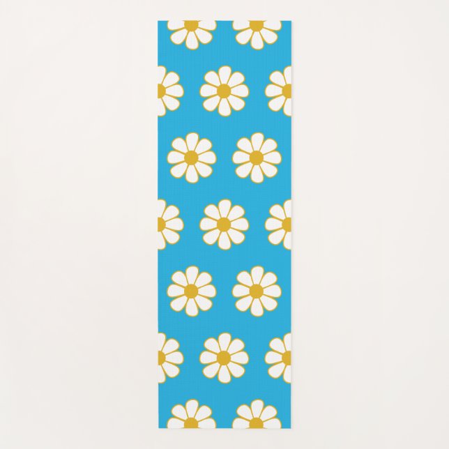 Cute Floral Daisy Pattern Blue and Mustard Yoga Mat (Front)