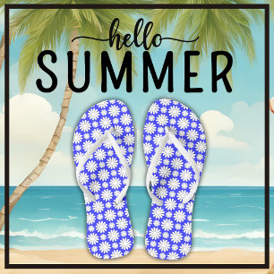 Cute Floral Daisy Pattern Blue and White Summer Jandals
