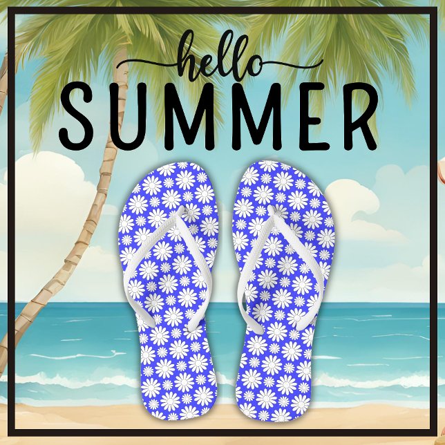 Cute Floral Daisy Pattern Blue and White Summer Jandals (Say Hello Summer with these cute floral daisy pattern blue and white flip flops.)