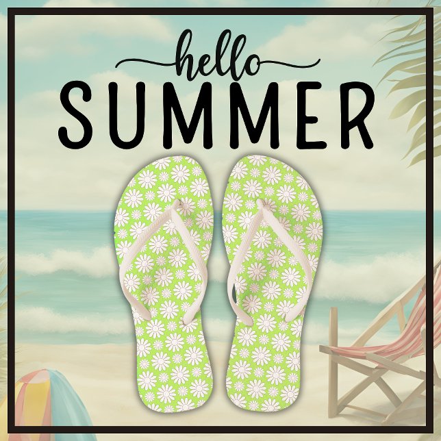 Cute Floral Daisy Pattern Green and White Summer  Jandals (Say Hello Summer with these cute floral daisy pattern light green and white flip flops.)