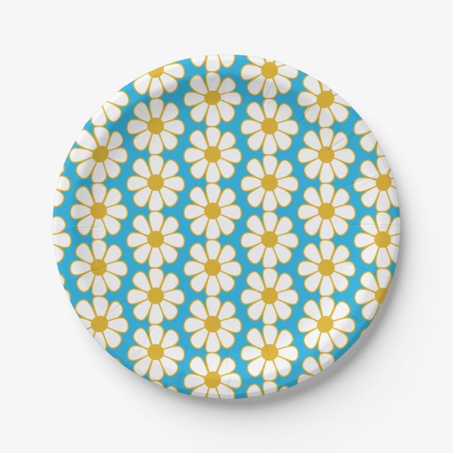 Cute Floral Daisy Pattern Mustard and Blue Paper Plate (Front)