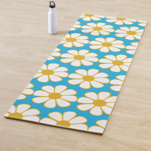 Cute Floral Daisy Pattern Mustard and Blue Yoga Mat