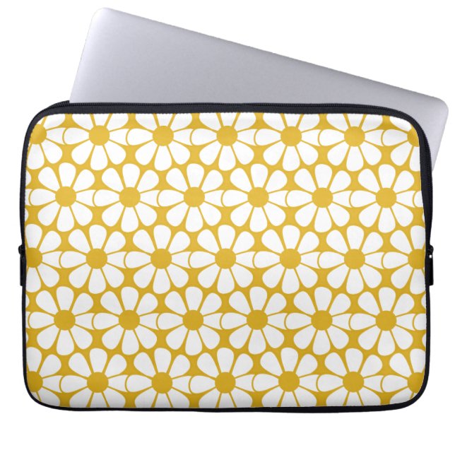 Cute Floral Daisy Pattern Mustard Gold and White Laptop Sleeve (Front)