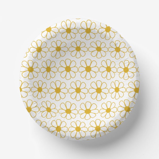 Cute Floral Daisy Pattern Mustard Gold and White Paper Plate (Front)
