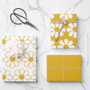 Cute Floral Daisy Pattern Mustard Gold and White Wrapping Paper Sheet