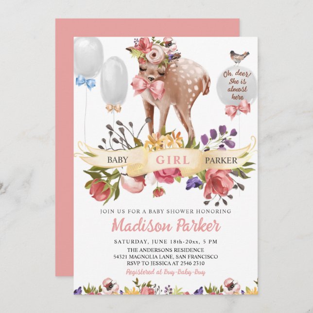 Cute Floral Deer Baby Shower Invitation (Front/Back)