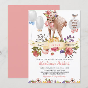 Cute Floral Deer Baby Shower Invitation