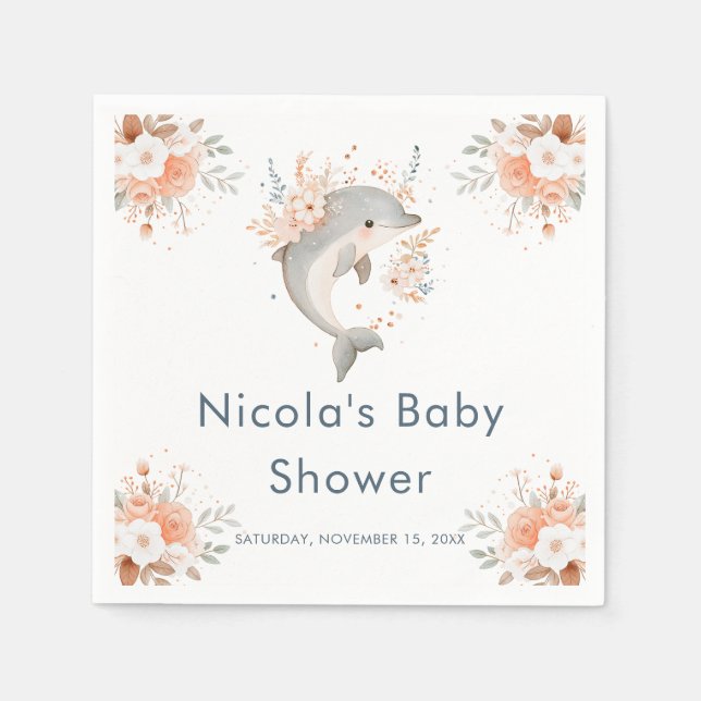 Cute Floral Dolphin  Baby Shower Napkin (Front)