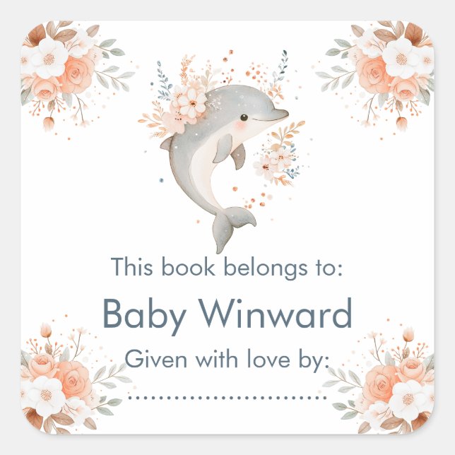 Cute Floral Dolphin Baby Shower Square Sticker (Front)