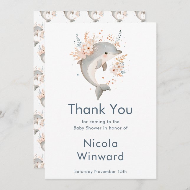 Cute Floral Dolphin Baby Shower  Thank You Card (Front/Back)