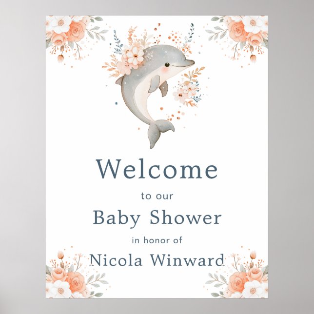 Cute Floral Dolphin Baby Shower Welcome Poster (Front)