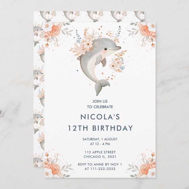 Cute Floral Dolphin Birthday Party Invitation (Front/Back)