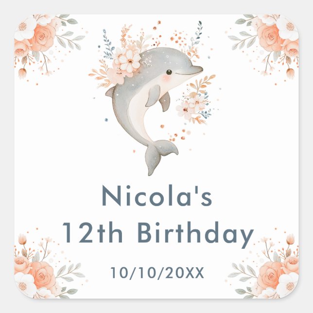 Cute Floral Dolphin Birthday Party Square Sticker (Front)