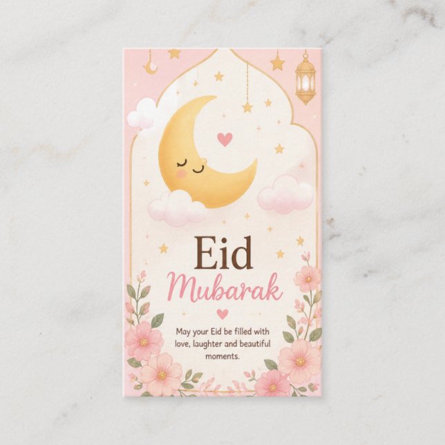 Cute Floral Eid Mubarak Crescent Moon Card (Front)