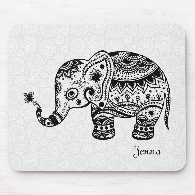 Cute Floral Elephant In Black Mouse Pad (Front)