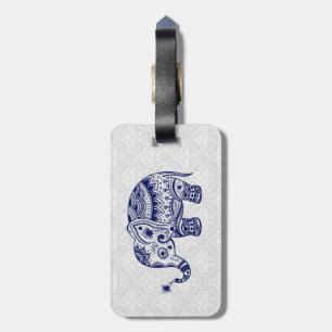 Cute Floral Elephant In Navy Blue & White Luggage Tag