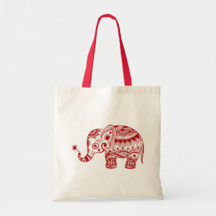 Cute Floral Elephant In Red Tote Bag