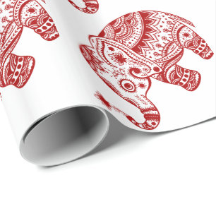 Cute Floral Elephant In White Burgundy Red Wrapping Paper