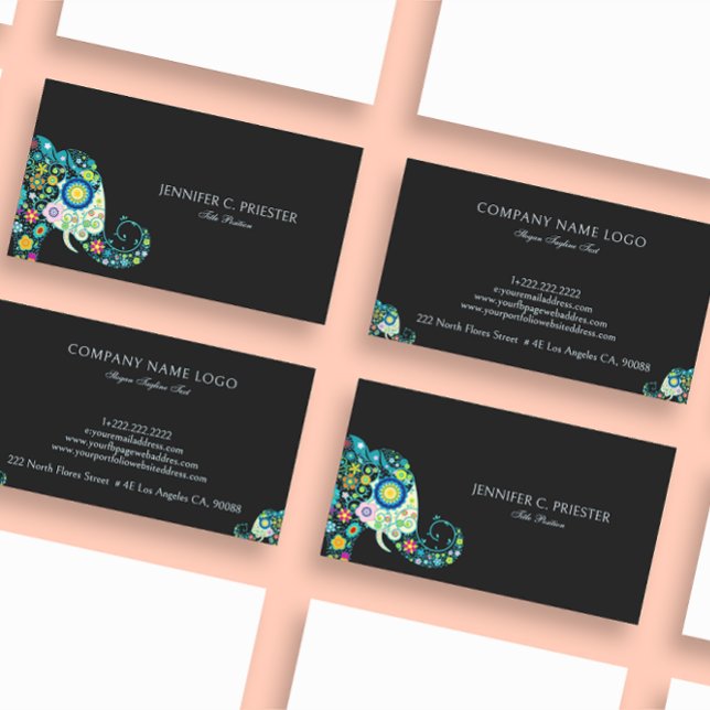 Cute Floral Elephant On Dark Grey Business Card (Creator Uploaded)