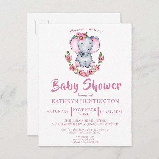 Cute Floral Elephant Pink Baby Shower Invitation P (Front/Back)