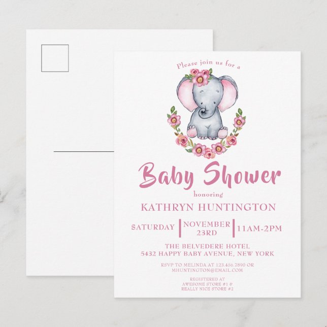 Cute Floral Elephant Pink Baby Shower Invitation P Postcard (Front/Back)