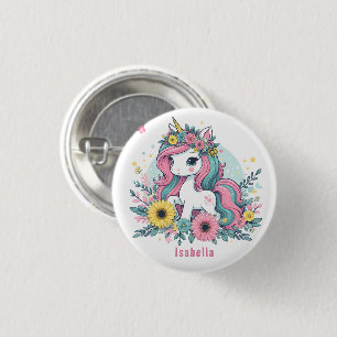 Cute Floral Fantasy Unicorn Girl's Enchanted World 3 Cm Round Badge