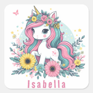Cute Floral Fantasy Unicorn Girl's Enchanted World Square Sticker