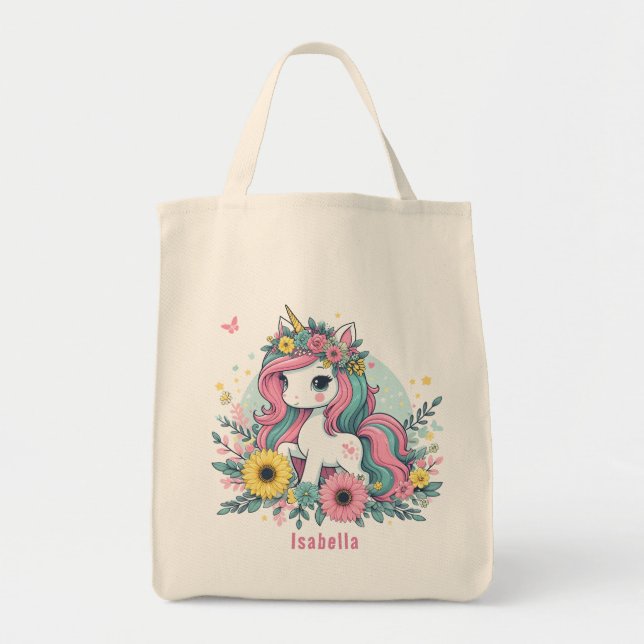 Cute Floral Fantasy Unicorn Girl's Enchanted World Tote Bag (Front)