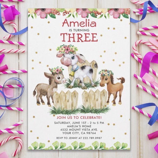 Cute Floral Farm Animals Third Birthday Invitation (Creator Uploaded)