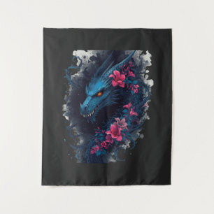 Cute Floral Fierce Blue Dragon and Flowers Tapestry
