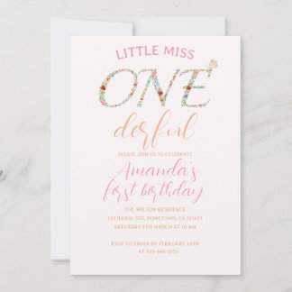 Cute Floral First Birthday Little Miss ONE Derful Invitation