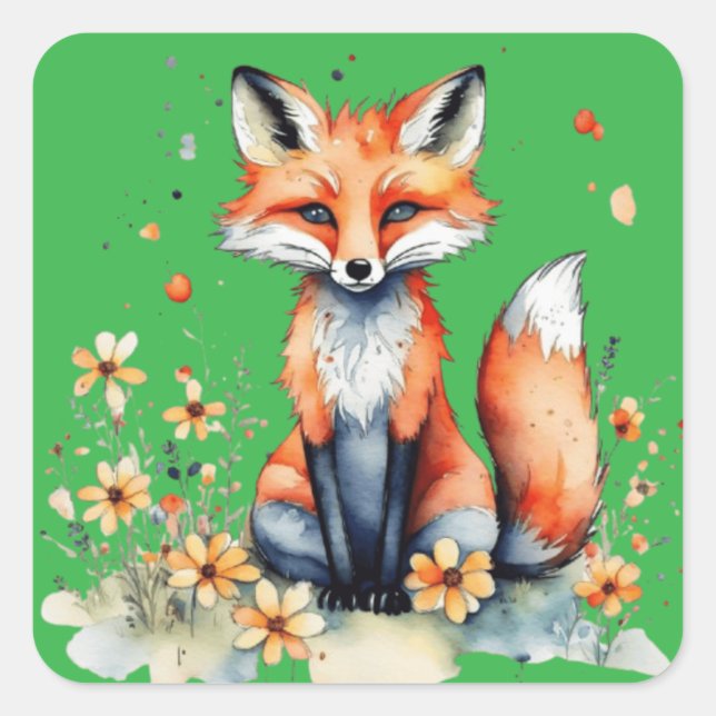 Cute floral fox square sticker (Front)