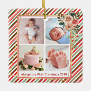 cute Floral Frame New Baby Personalised 4 Photo  Ceramic Ornament