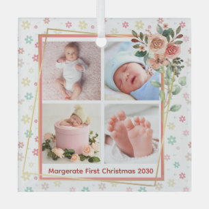 cute Floral Frame New Baby Personalised 4 Photo  Glass Tree Decoration
