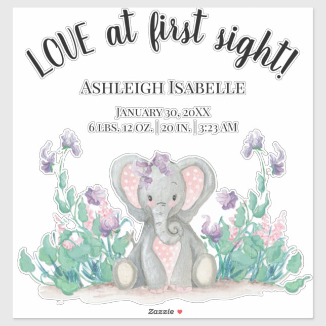 Cute Floral Garden Baby Elephant Girl Birth Stats (Sheet)